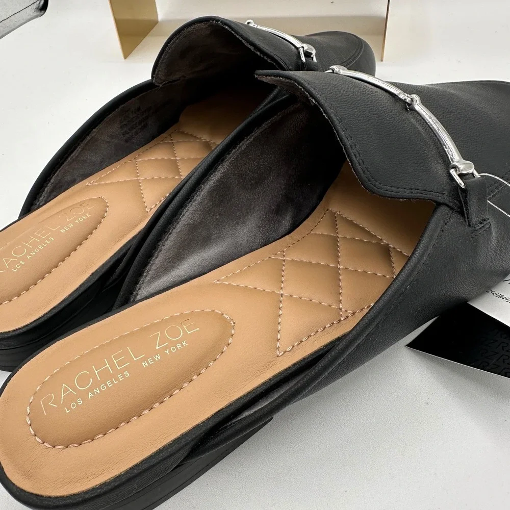 RACHEL ZOE Alani Black Faux Leather Mules Silver Horsebit Buckle Detail NWT 10 - Picture 7 of 12